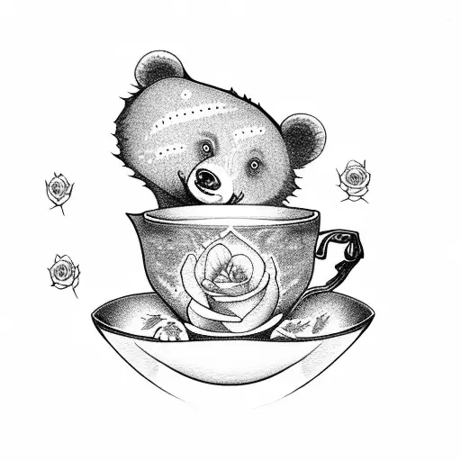 bear cub with roses in a tea cup tattoo design idea