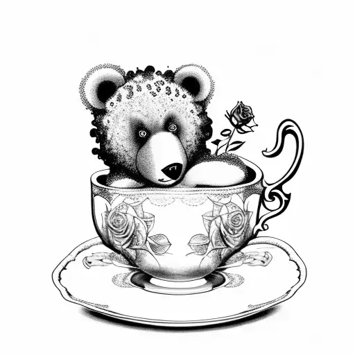 curly haired bear cub with roses in a tea cup tattoo design idea