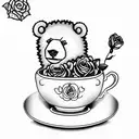 curly haired bear cub with roses in a tea cup tattoo design idea