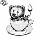 curly haired bear cub with roses in a tea cup tattoo design idea