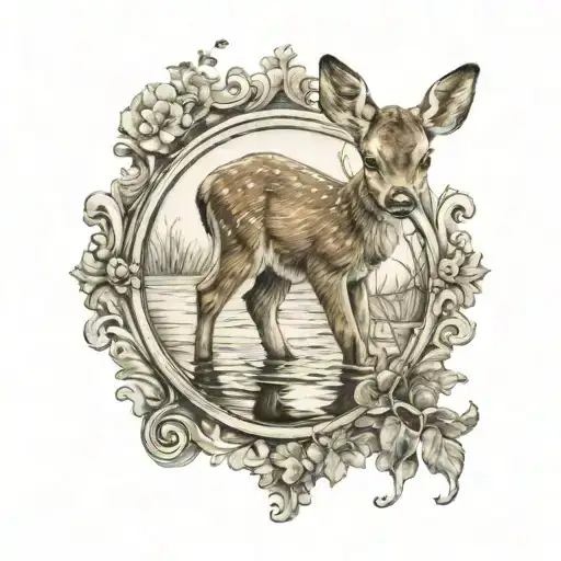 baby deer looking into a mirror and the reflection is a fully grown adult deer tattoo design idea