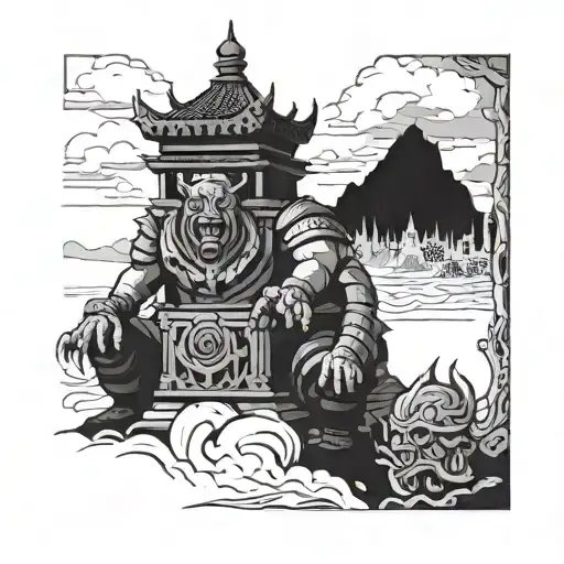 la parca mira como lucha un samurái contra un berserker en un templo derruido esperando llebarce un alma tattoo design idea