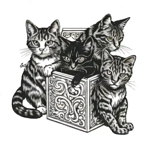 three cats inside a card box tattoo design idea
