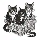 three cats inside a card box tattoo design idea