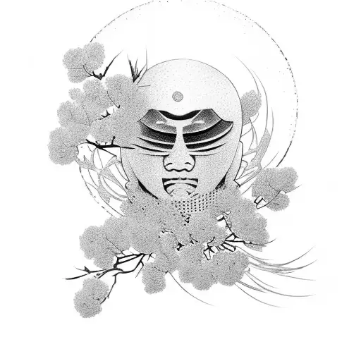 broken japanese mask with sakura buds coming out of it tattoo design idea