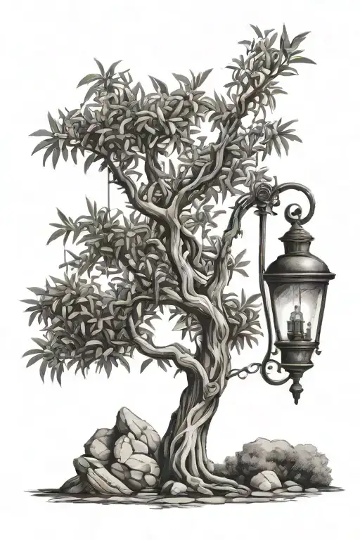 olive tree, vine branch intertwined, old lamp, path, old wiseman, water tattoo design idea