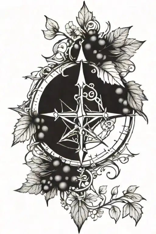 A compass rose made of vine branches and grapes tattoo design idea