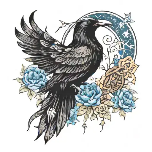Raven, Nordic Runes, Moon, Flowers, dangling sapphire jewel stars tattoo design idea