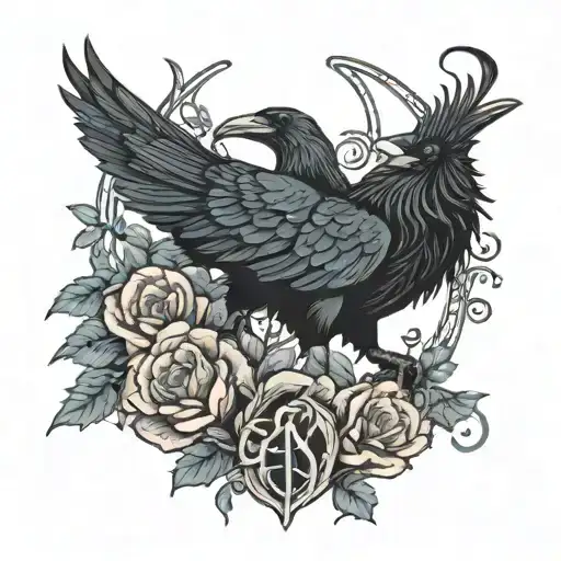 raven, flowers, Capricorn, Nordic runes intertwined tattoo design idea