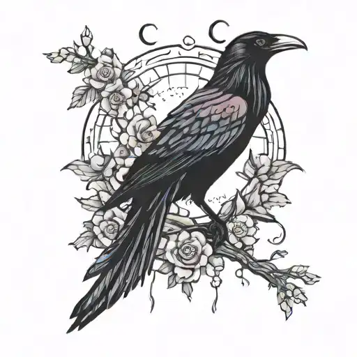 Raven, Nordic Runes, Moon, Flowers,  tattoo design idea