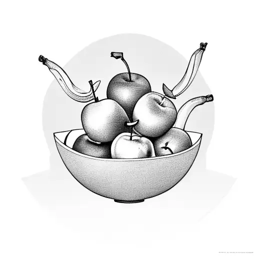 a fruit bowl with apples, bananas and oranges in it then a roll of tap resting on the side o tattoo design idea