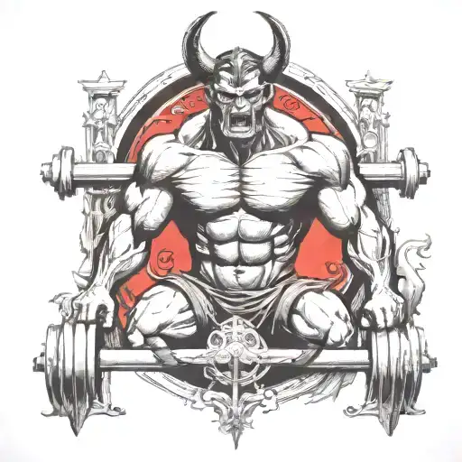 A muscular demon weightlifting in a gothic cathedral tattoo design idea
