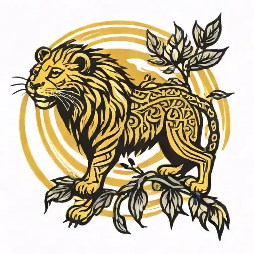 leo zodiac sign, willow branch, sun rays tattoo design idea