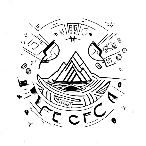 A coffee mug with gaming symbols and a beach sunset inside it tattoo design idea