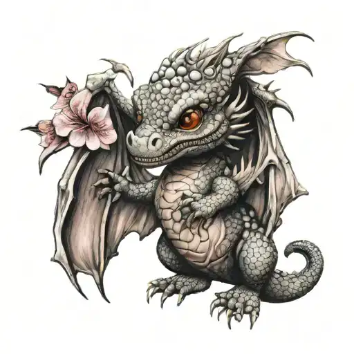 baby dragon with cherry blossom flowers tattoo design idea