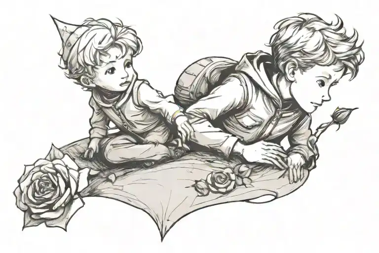 The little prince and the rose on the planet. under the picture there is an inscription I love you tattoo design idea