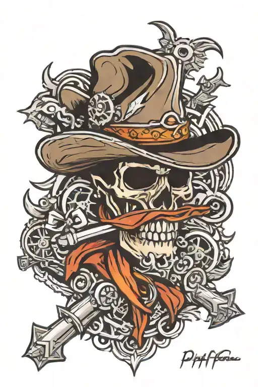 cowboy hat, Christian Cross, motor engine tattoo design idea