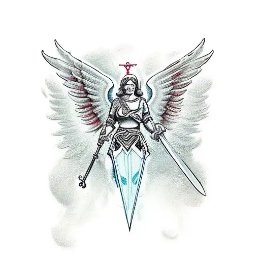 angel warrior with sord in one nee tattoo design idea
