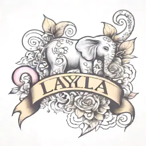 Layla name in cursive writing with a toy elephant  tattoo design idea