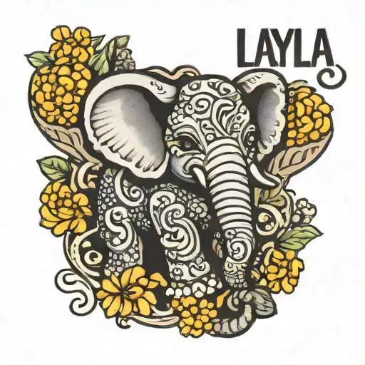 Layla name in cursive writing with a popcorn elephant tattoo design idea