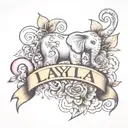 Layla name in cursive writing with a toy elephant  tattoo design idea