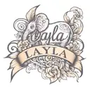 Layla name in cursive writing with a toy elephant  tattoo design idea