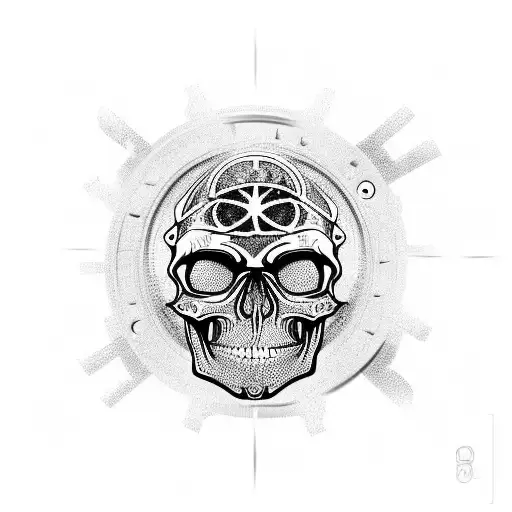 mechanicus skull with cogs tearing through skin tattoo design idea