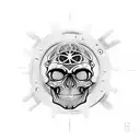 mechanicus skull with cogs tearing through skin tattoo design idea