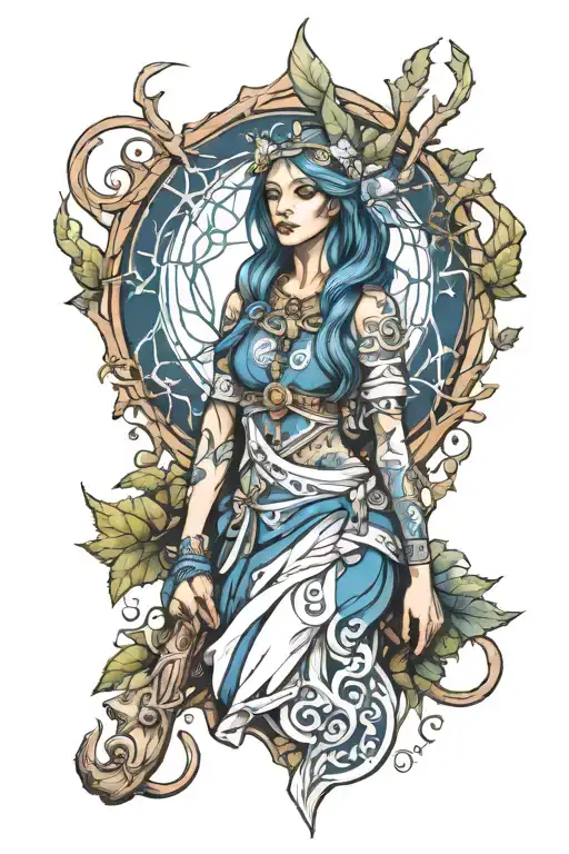 female tibia druid Blue and White tattoo design idea