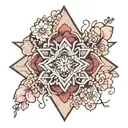 mandala and cherry blossom with geometric diamond behind design and ornamental embellishments at top and bottom of point tattoo design idea