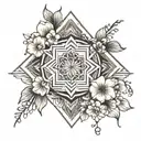 mandala and cherry blossom with geometric diamond behind design and ornamental embellishments at top and bottom of point tattoo design idea