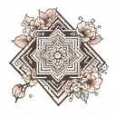 mandala and cherry blossom with geometric diamond behind design and ornamental embellishments at top and bottom of point tattoo design idea