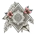 mandala and cherry blossom with geometric diamond behind design and ornamental embellishments at top and bottom of point tattoo design idea