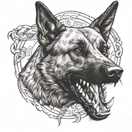 Belgian Shepherd Dog Malinois from the front with baring teeth. Half of the head consists only of skull tattoo design idea