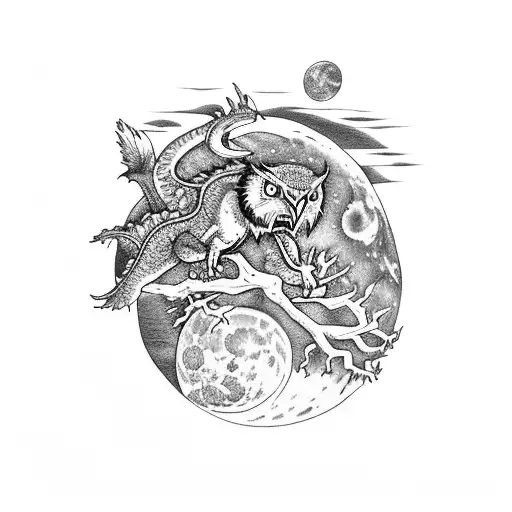 arm sleeve of river valley forrest, at night with a dragon flying across the moon, 2 kayakers, an owl on a tree branch  tattoo design idea