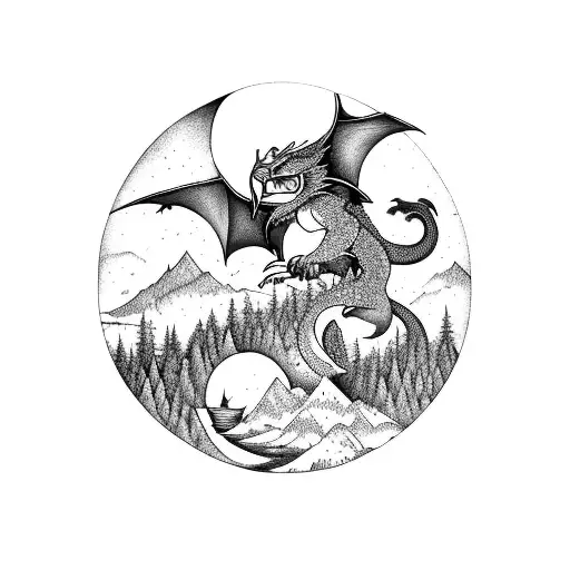 Lower right arm sleeve of a river valley forrest, at night with a dragon flying across the moon, 2 kayakers, an owl  tattoo design idea
