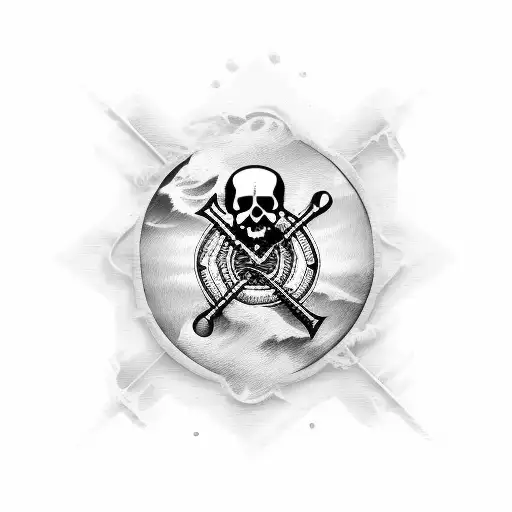 A ship sailing through a sea of musical waves, with a skull and crossbones flag tattoo design idea
