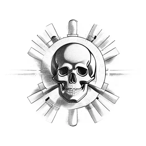 A ship sailing through a sea of musical waves, with a skull and crossbones flag tattoo design idea
