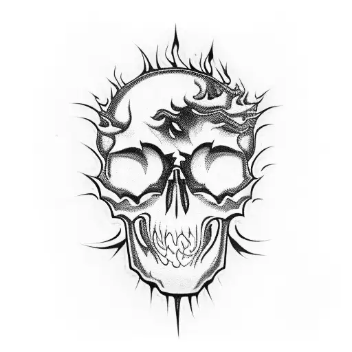 A skull engulfed in flames, with musical notes swirling around it tattoo design idea