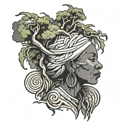 black and white cartoon-style tattoo that represents an elderly black woman with dreadlocks. The figure resembles a tree tattoo design idea