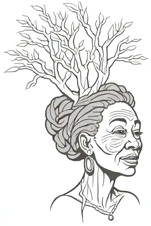 black and white cartoon-style tattoo that represents an elderly black woman with dreadlocks. The figure resembles a tree tattoo design idea