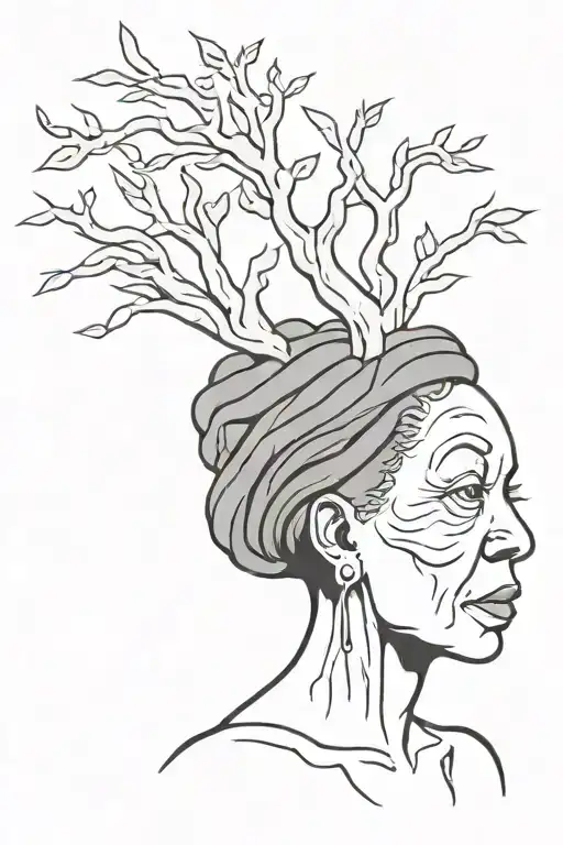 b&w cartoon-style tattoo that represents an elderly black woman with dreadlocks. The entire  figure resembles a tree tattoo design idea