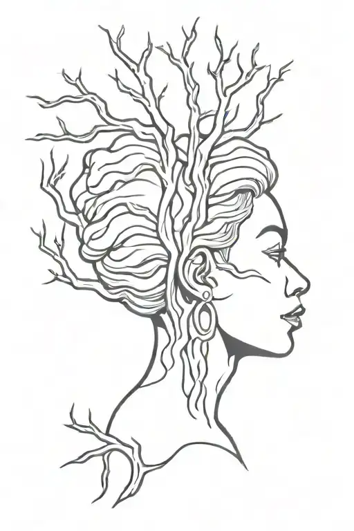 black and white cartoon-style tattoo that represents an elderly black woman with dreadlocks as branches of a tree  tattoo design idea