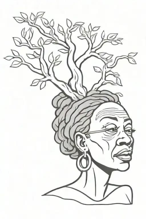 black and white cartoon-style tattoo that represents an elderly black woman with dreadlocks. The figure resembles a tree tattoo design idea