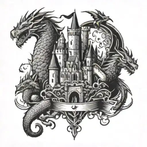 A mystical medieval castle surrounded by dragons and knights battling, incorporating elements of gaming symbols like a sword and shield tattoo design idea