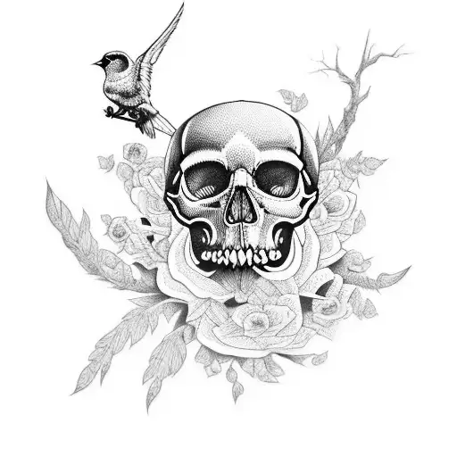 Combine a skull and a bird in a surrealistic style tattoo design idea