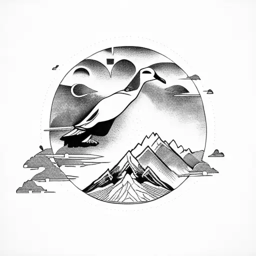Albatross above a mountain in the sun tattoo design idea