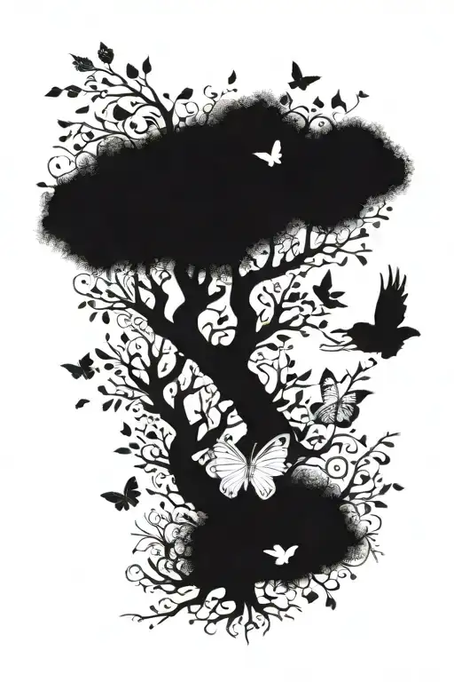 birds butterflys and posion tree tattoo design idea