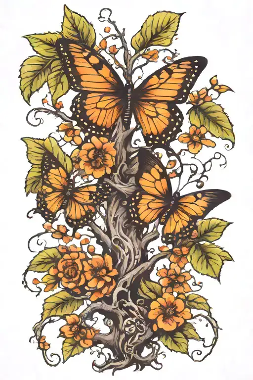 poison tree with butterfly flys tattoo design idea