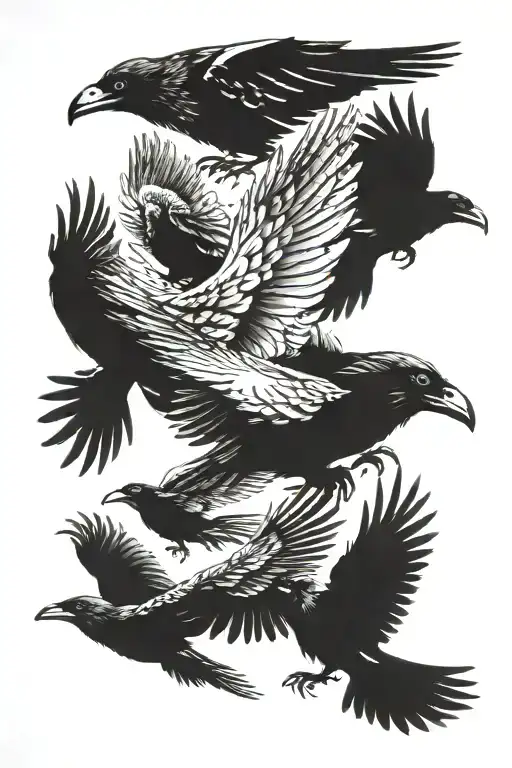 8 ravens and one dove. feathers floating tattoo design idea